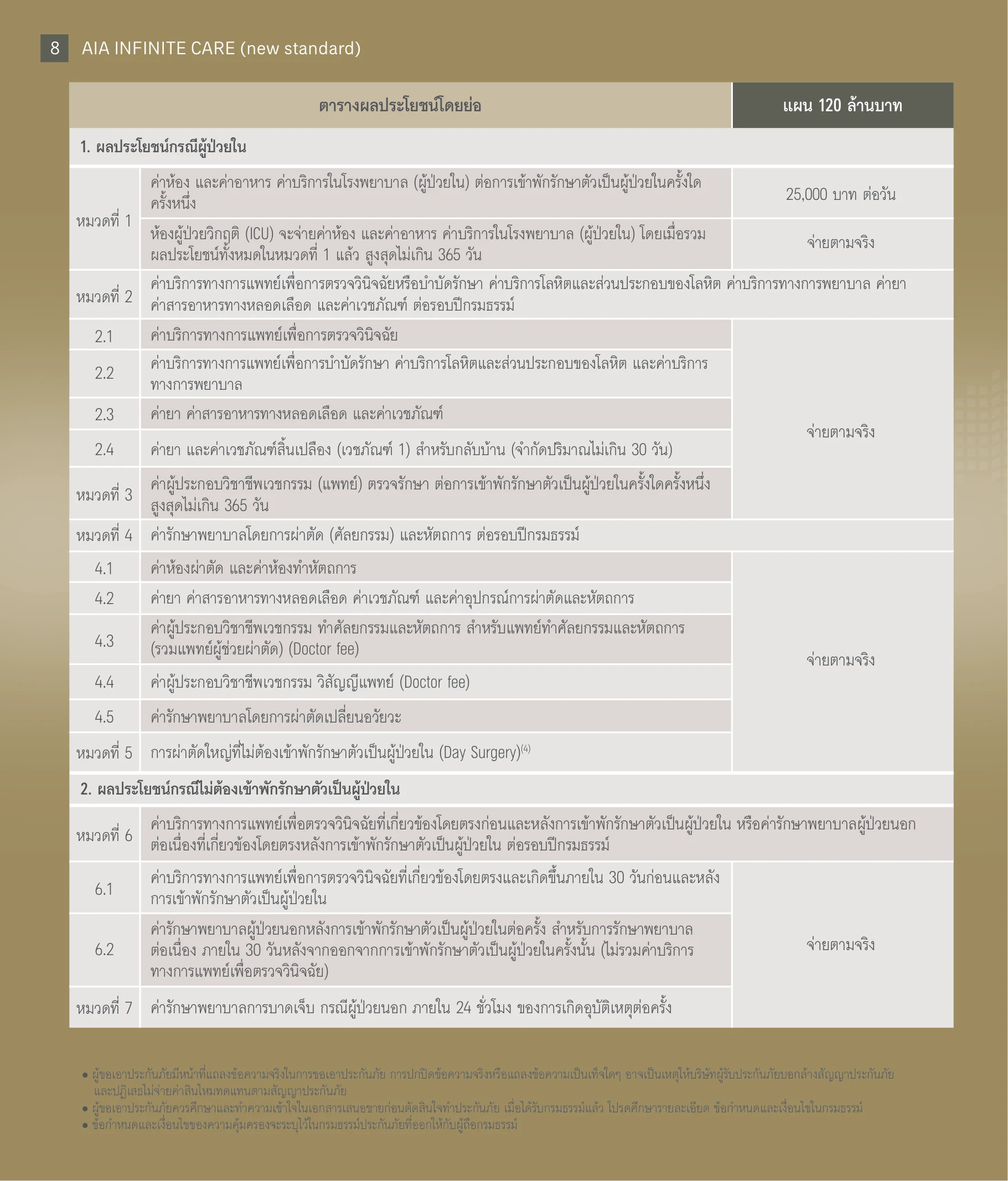 ตารางผลประโยชน์ AIA Infinite Care